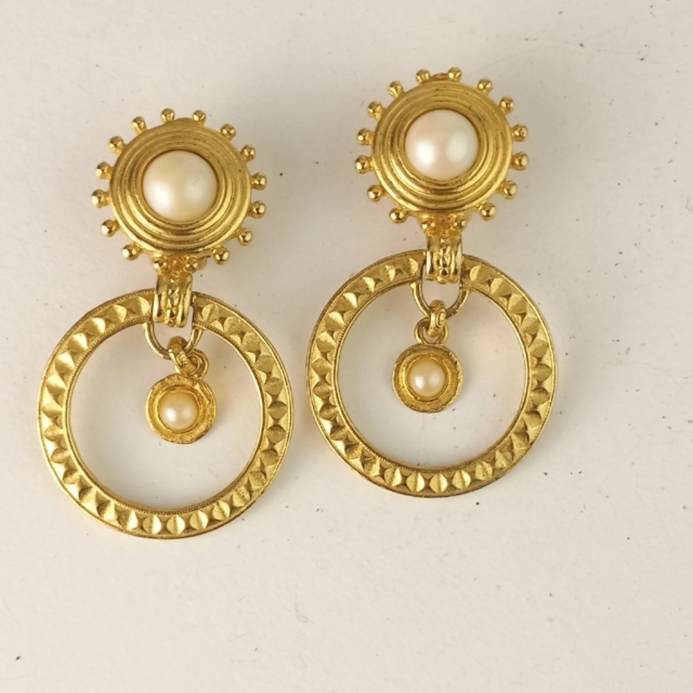 80's Gold and Faux apearl Large Statement Clip On Earrings